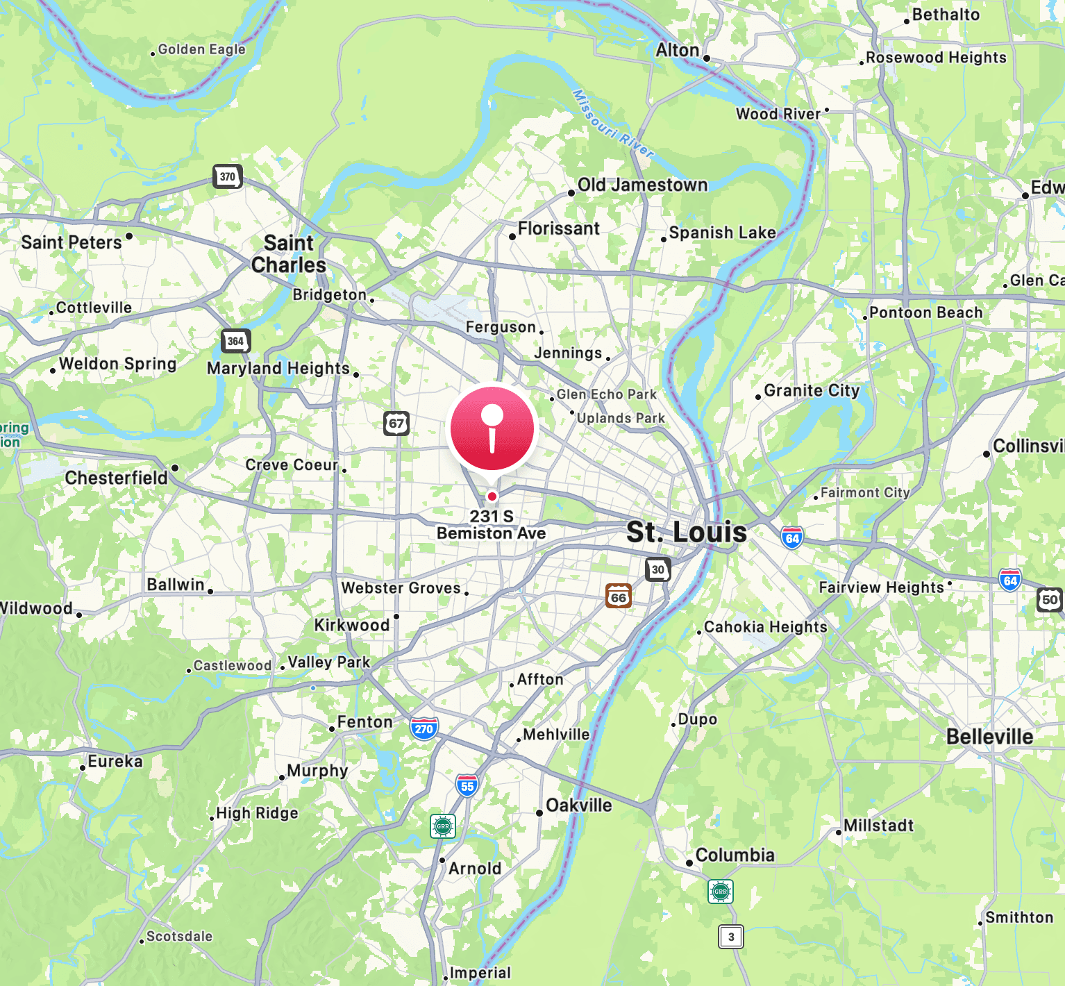 Map showing our mailing address in Saint Louis, MO